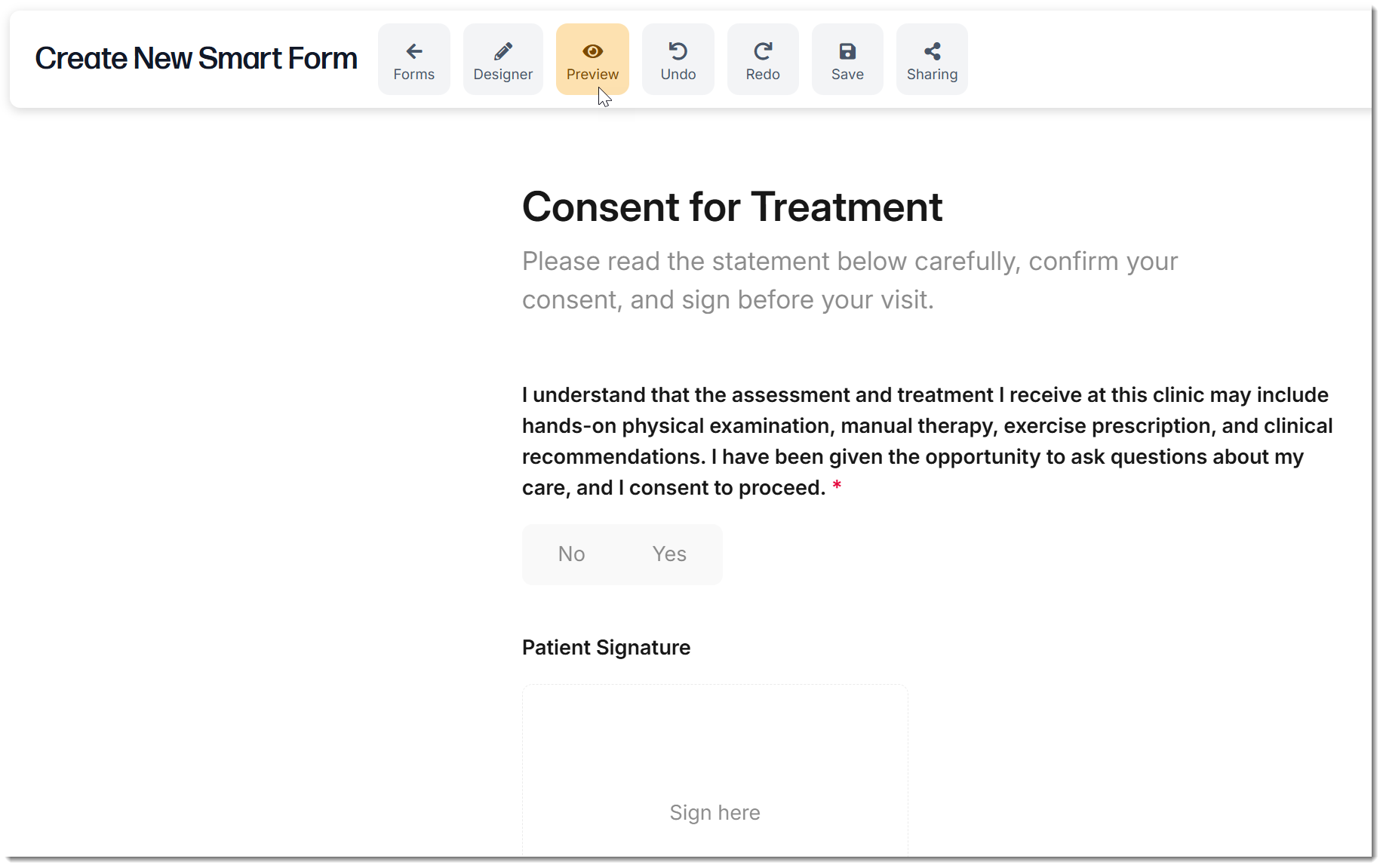A preview of a consent form created in Smart Forms V2. The preview button is highlighted in the top toolbar of the SmartForm V2 form creator. 
